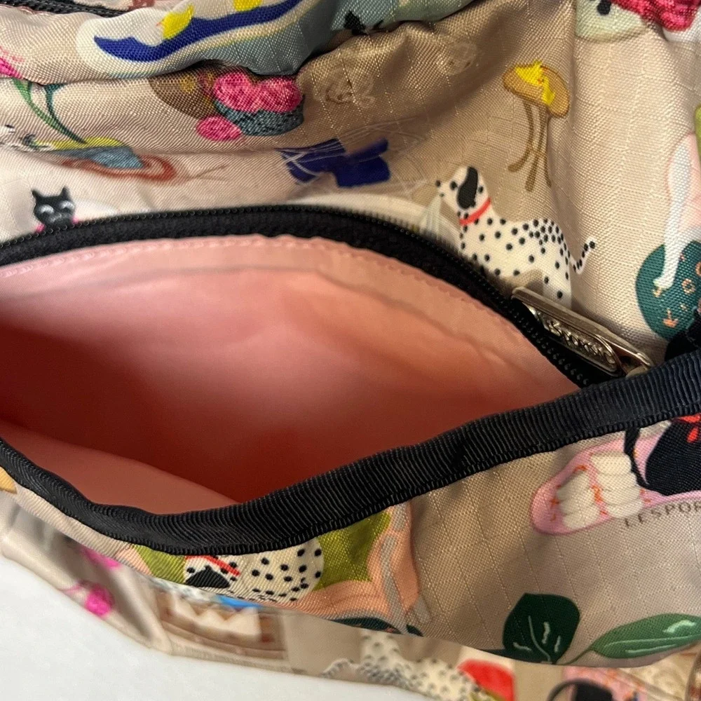 LeSportsac Womens Crossbody Bag Cat Dog Novelty Print Small Tan Nylon Messenger